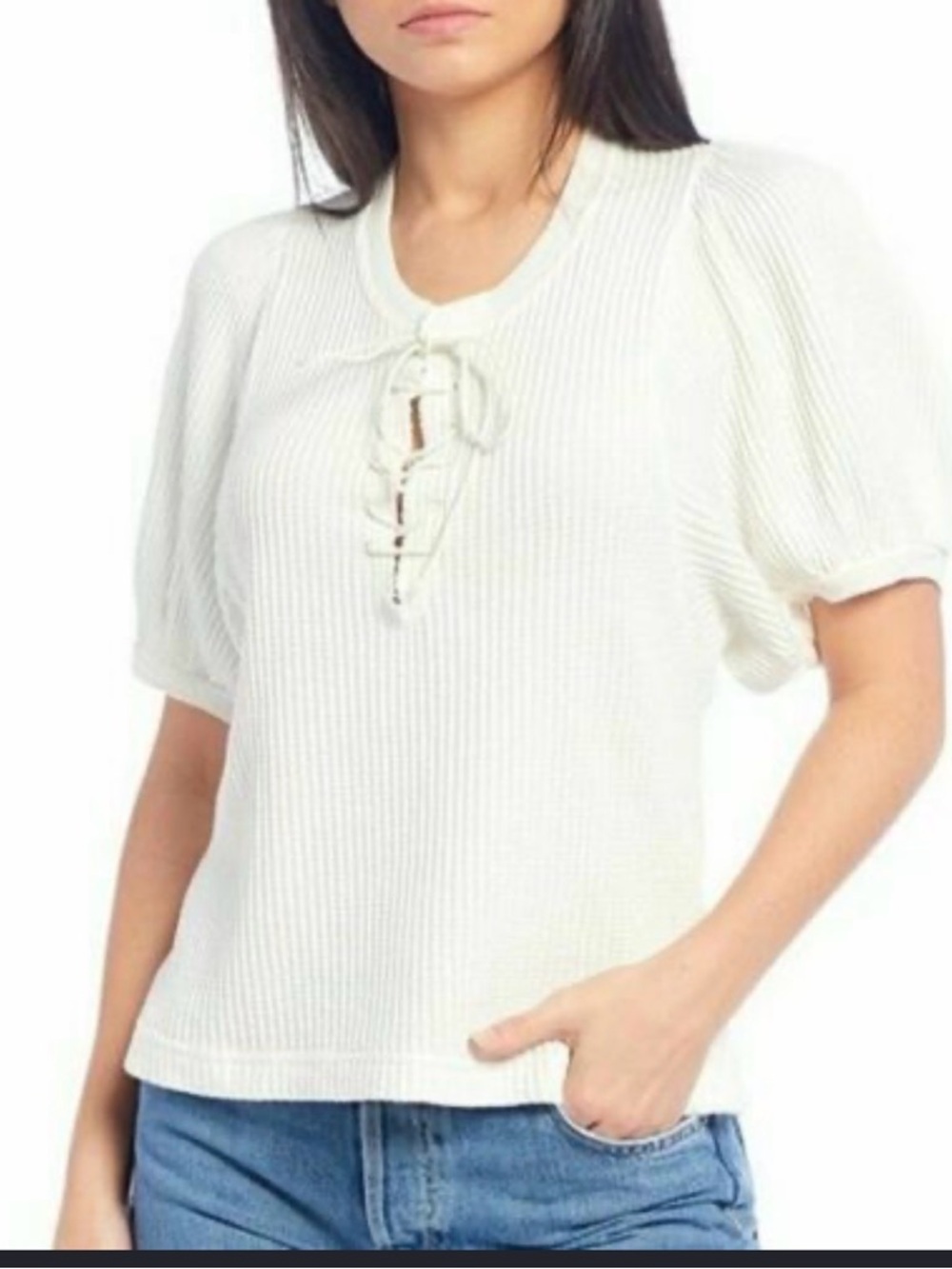 Free People Ivory Lace-Up Ribbed Short Sleeve Top